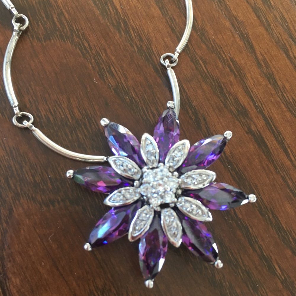 Purple starburst necklace on vintage chain